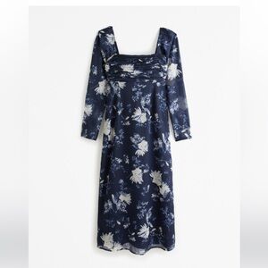 Abercrombie & Fitch Navy Floral Emerson Long Sleeve Chiffon Midi Dress